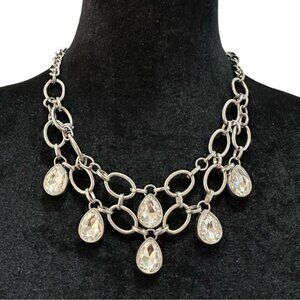 Silver Chain Statement Necklace With Teardrop Crystal Accents